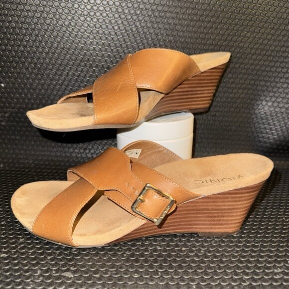 Vionic Libbie Brown Leather Criss Cross Wedge Sandals Shoes Women's Size 8 - Picture 1 of 9